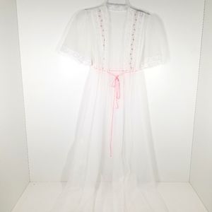 Vintage Dream Away White Sheer Pink Floral Night Gown Wedding Bridal Robe
